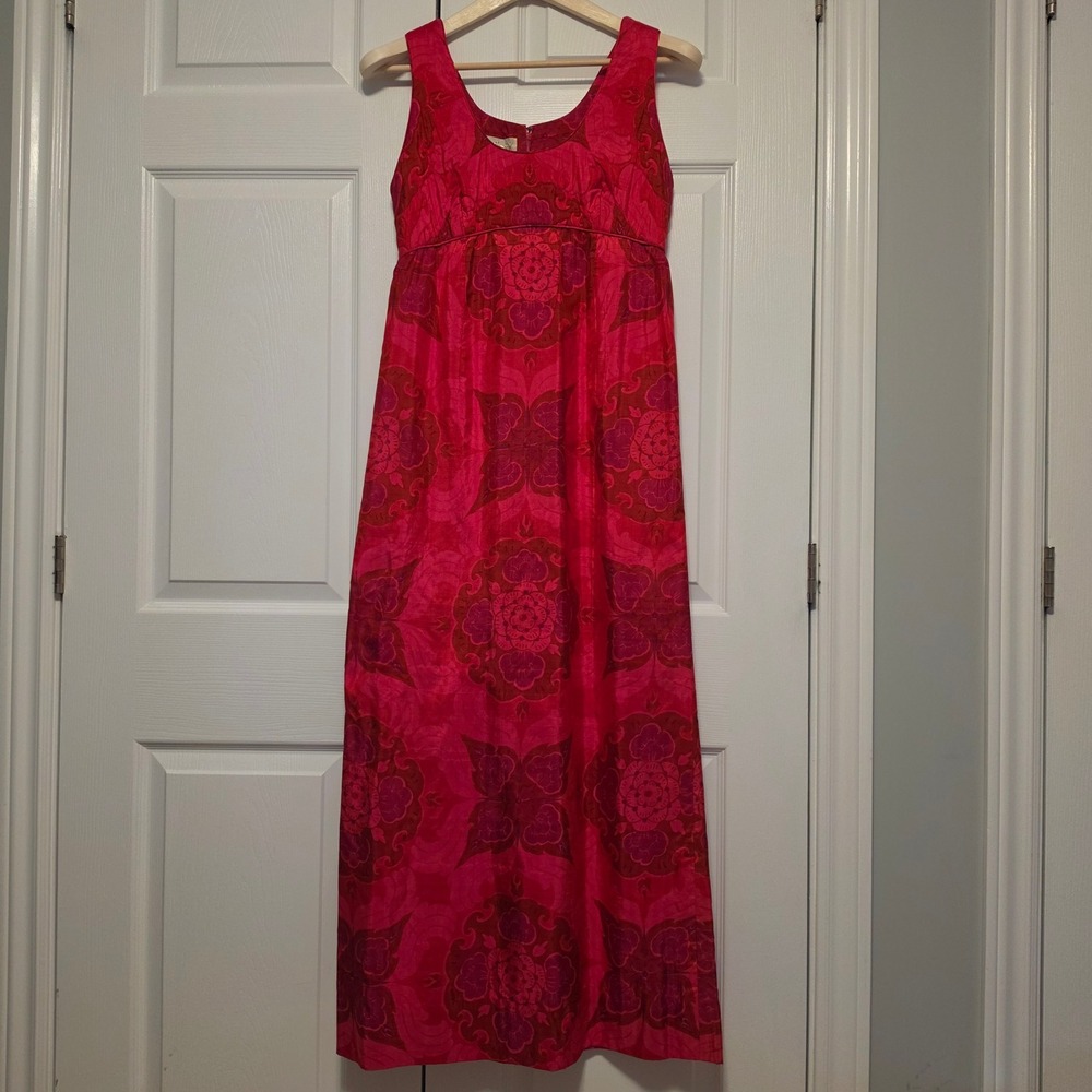 Design Thai Vintage Silk Medallion Floral Empire Waist Maxi Dress Pink Size 12